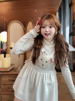 茄茄西米原创粉色波点小狗背心加绒连衣裙短秋冬甜美可爱小个子女