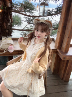 茄茄西米原创[小猫心菲]黄色碎花毛衣开衫温柔甜美清新连衣裙女秋