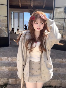 茄茄西米原创 浅灰毛呢卫衣外套韩系甜美春秋女百搭 少点心事