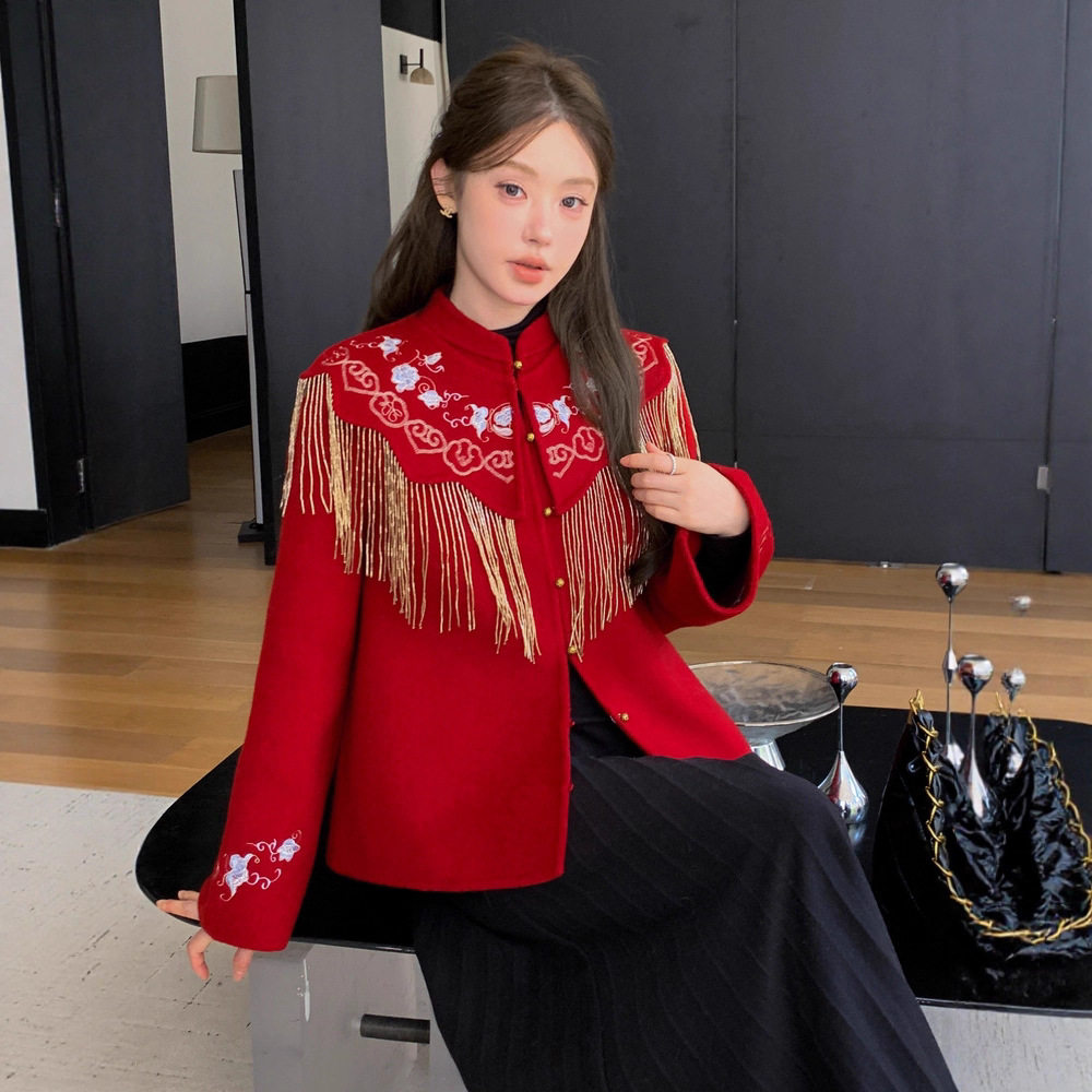 红色国风结婚订婚新娘喜服礼服双面羊绒大衣女刺绣新中式羊毛外套