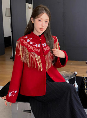 红色国风结婚订婚新娘喜服礼服双面羊绒大衣女刺绣新中式羊毛外套