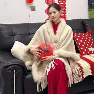 流苏披肩斗篷澳毛新娘服名媛气质高级感狐狸毛双面羊毛大衣外套