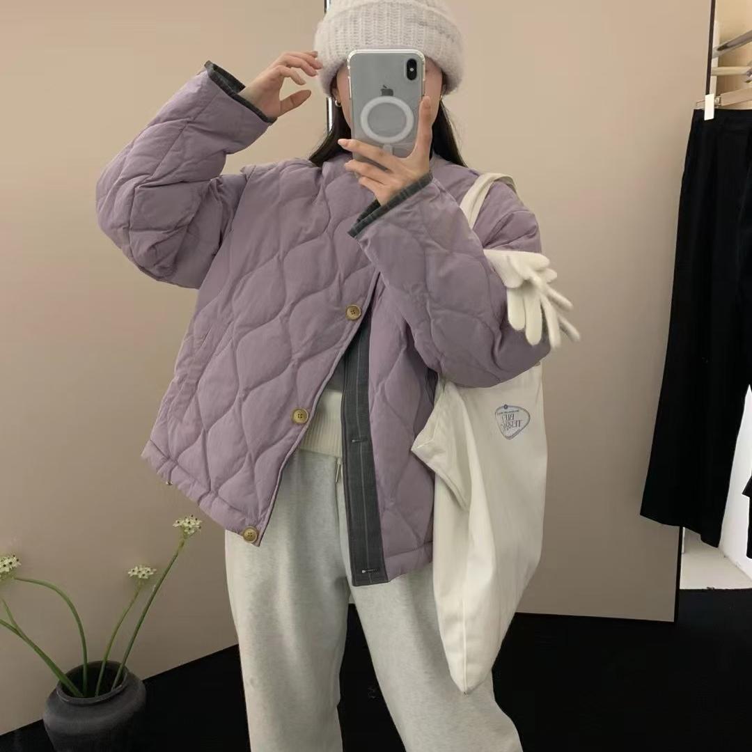 eter两穿菱形格圆领羽绒服短款