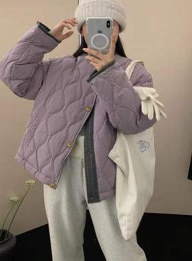 eter爆款两面穿羽绒服短款菱形格时尚洋气宽松显瘦圆领单排扣