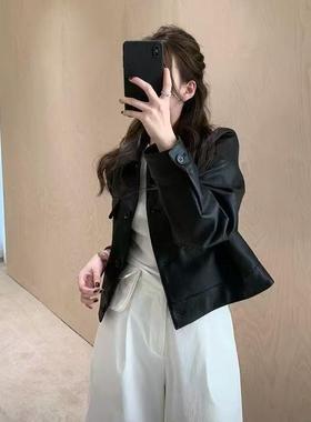 ease新款皮衣外套收腰翻领时尚个性宽松显瘦斜拉链短款上衣
