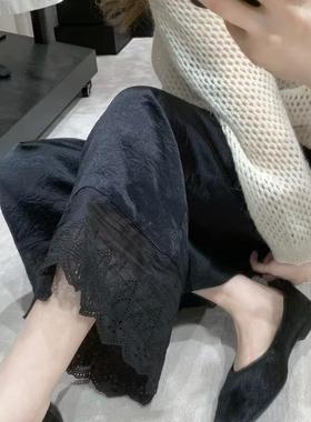 ease蕾丝花边拼接阔腿裤韩系高腰宽松显瘦九分裤时尚优雅高级感