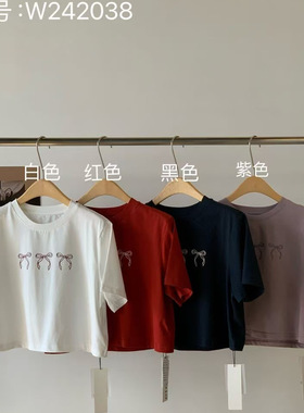 eter现货新款圆领蝴蝶结印花T恤短袖上衣宽松显瘦短款韩系简约