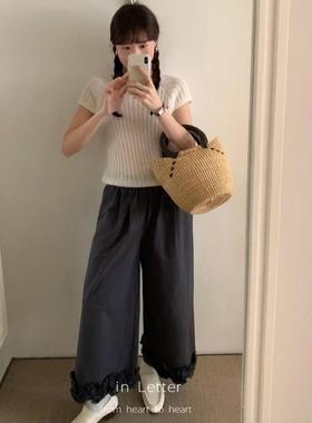 in letter新款休闲阔腿九分裤花边时尚洋气韩系简约宽松显瘦纯棉