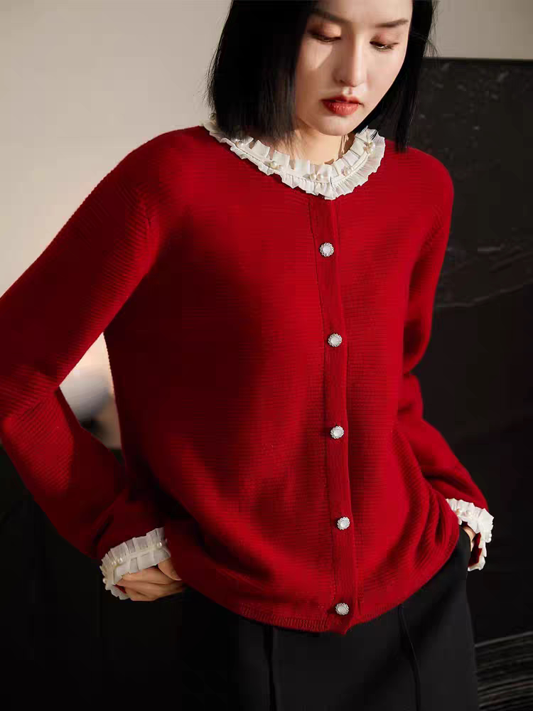 甜美温柔风！木耳边钉珠针织开衫女软糯毛衣冬新款