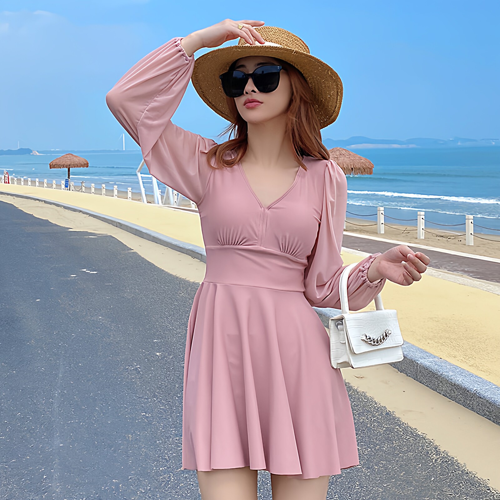 泳衣女保守分体式2026新款大码胖mm温泉中年妈妈长袖遮肚显瘦泳装