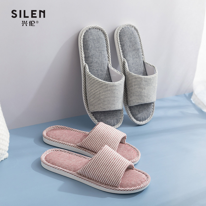 silen兴伦亚麻棉拖鞋女四季居家拖鞋布艺情侣家居木地板拖鞋家用