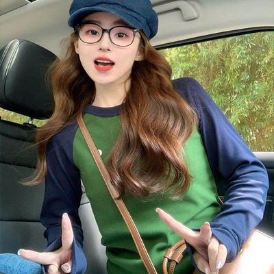 IT UNDER GARDEN 撞色插肩长袖t恤女秋季打底衫字母刺绣修身显瘦