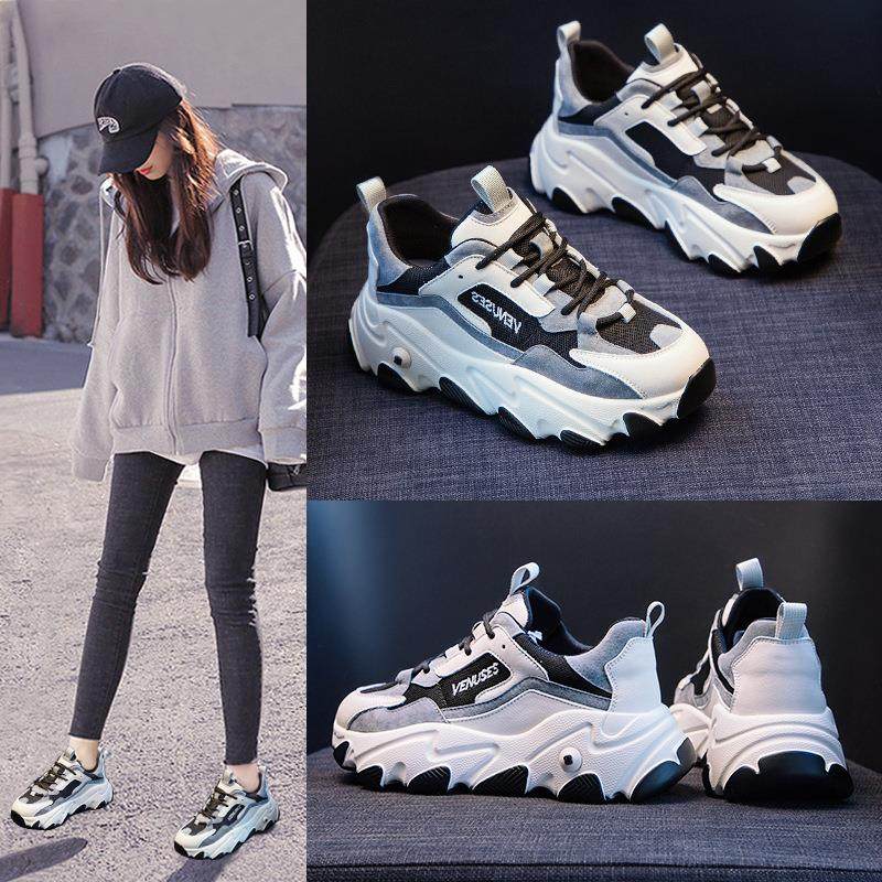 香港真皮增高老爹鞋女春秋季新款网红爆款加绒舒适软底休闲运动鞋