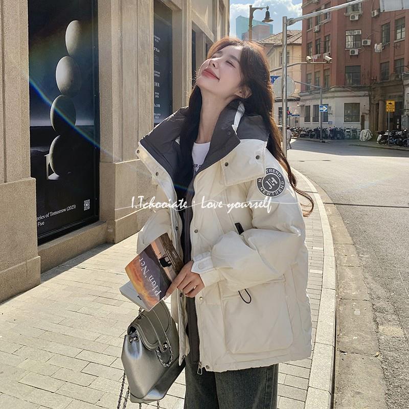 I.Tchooiate学院风羽绒服女2025冬韩系连帽白鸭绒保暖加厚外套潮