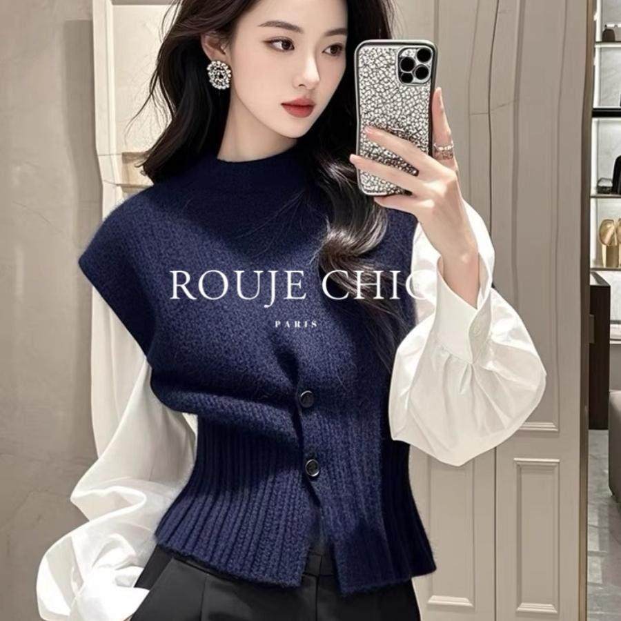 法国rouje chic春季法式收腰叠穿马甲针织衫毛衣女高级感衬衫套装,女装/女士精品,大码内搭,淘宝优惠券,粉丝福利购,淘宝优惠卷