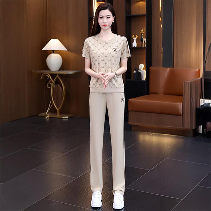 冰丝休闲运动服套装女夏季2025新款显瘦圆领短袖长裤跑步服两件套