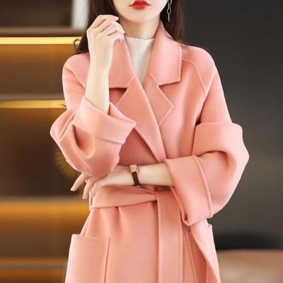 SPYB双面羊绒大衣女中长版2024年秋冬新款收腰系带水波纹毛呢外套