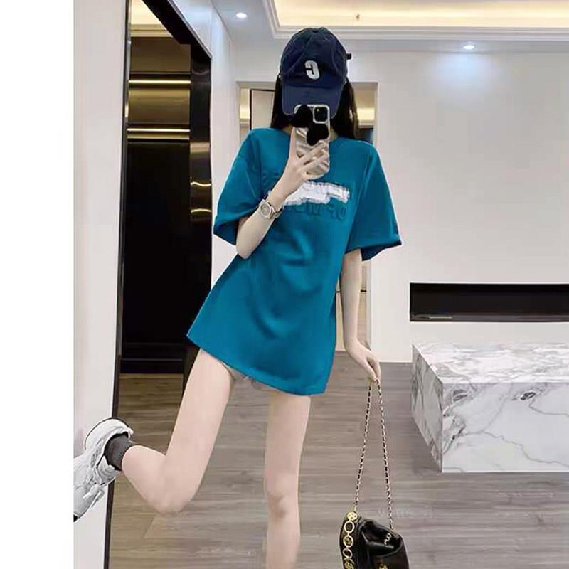 高档轻奢绿色短袖t恤女士夏季新款时尚百搭宽松设计洋气中长上衣