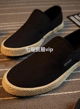 2025夏季透气帆布鞋男韩版休闲耐磨板鞋草编潮鞋一脚蹬懒人布鞋男