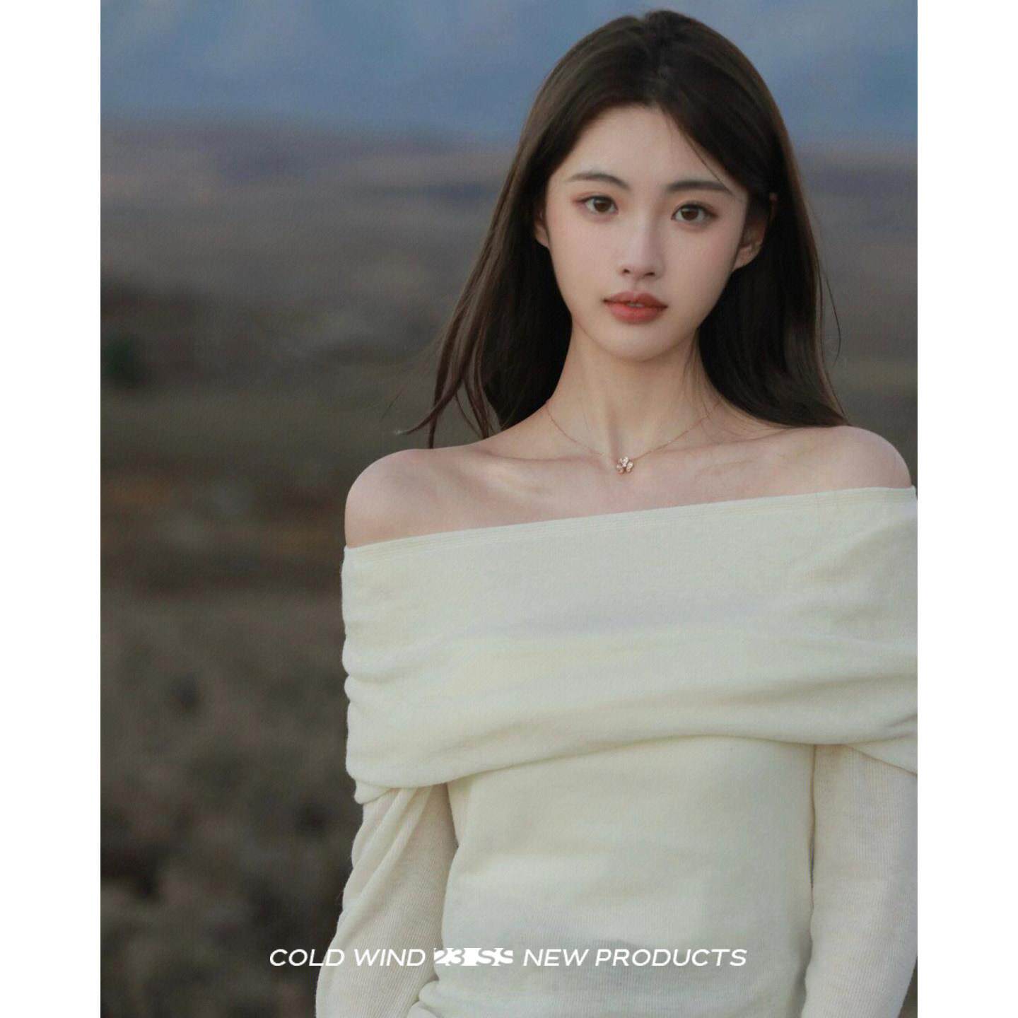 欧洲站女白色锁骨法式一字肩针织上衣修身显瘦露肩长袖针织衫毛衣
