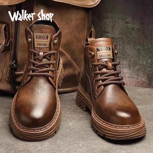 Walker shop马丁靴男士秋冬加绒保暖覆古厚底中帮工装靴子真皮鞋