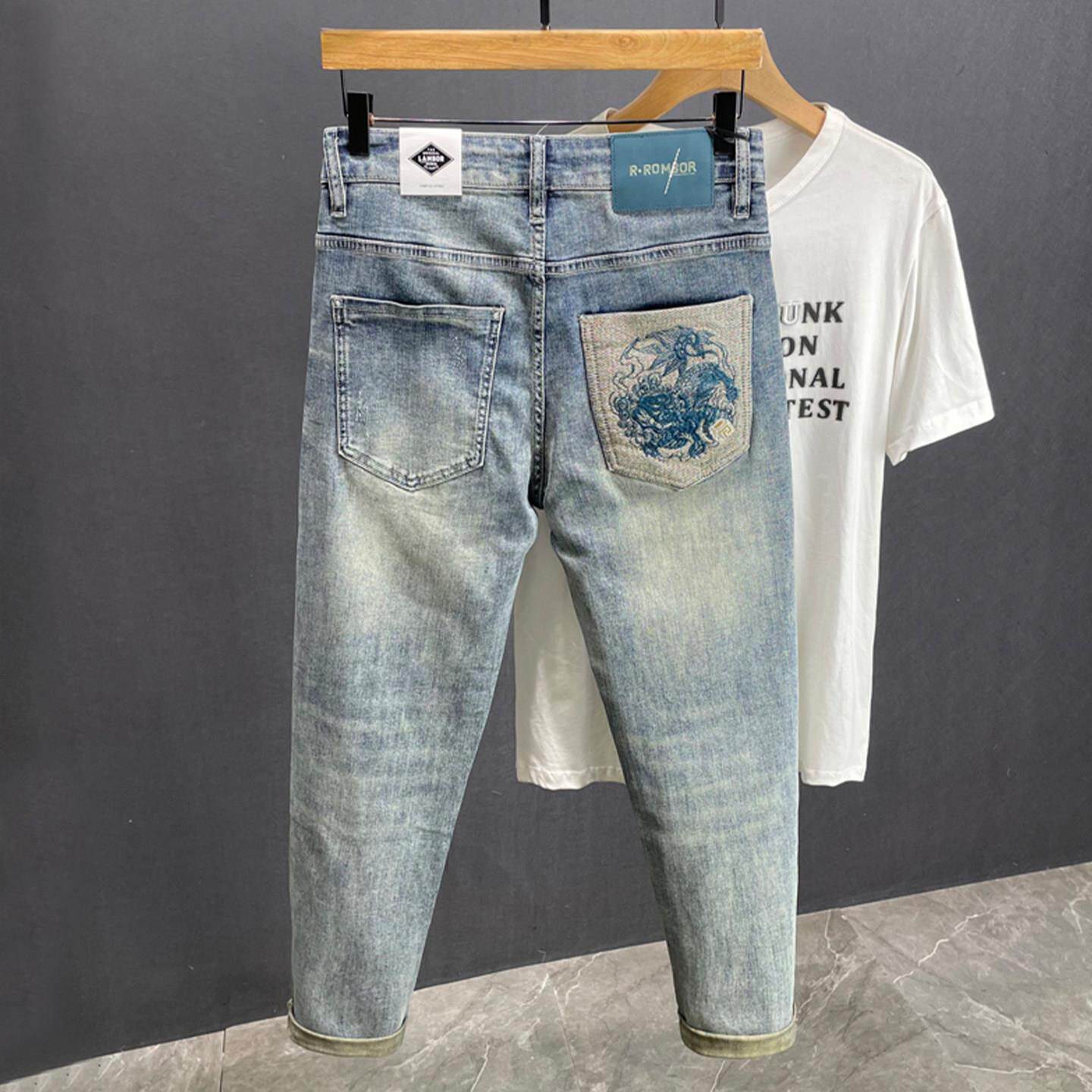 MUSONMU潮牌美式纯棉刺绣破洞牛仔裤男夏季薄款修身小脚九分裤子