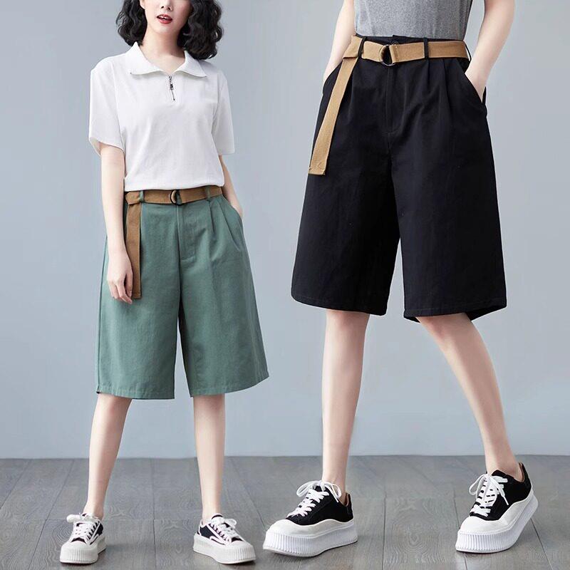 休闲阔腿短裤女夏新款加肥加大码宽松显瘦高腰垂感女士纯色五分裤