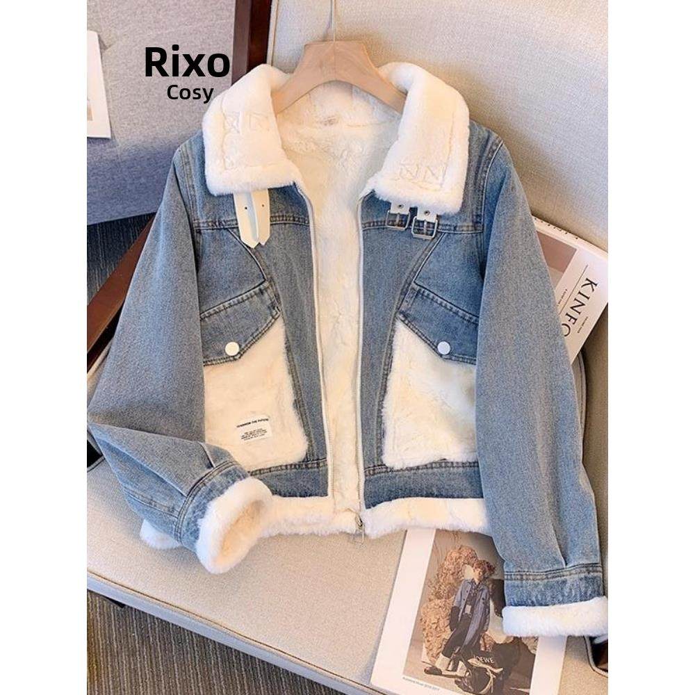 RIXO COSY小个子加绒加厚牛仔外套女2024新宽松女士短款上衣