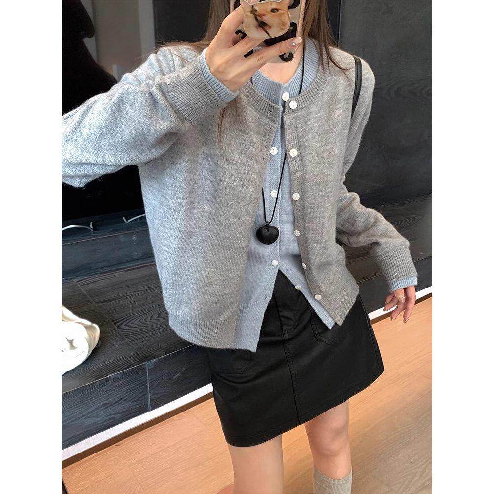 2025春秋新款韩系chic软糯假两件灰色针织开衫外套女气质短款上衣