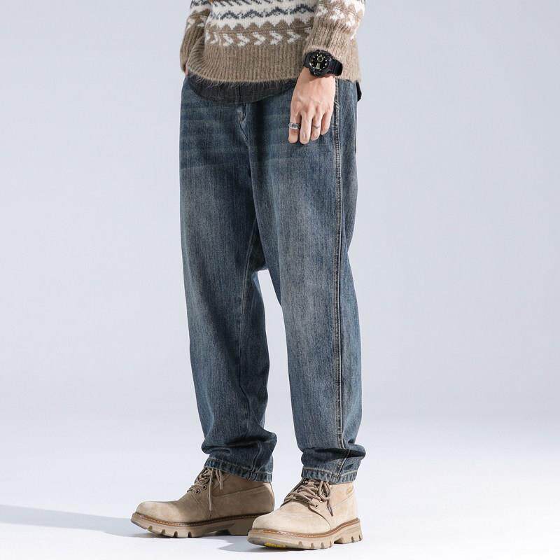 水洗牛仔裤男潮牌秋冬款加绒加厚坠感阔腿裤子男宽松直筒休闲长裤