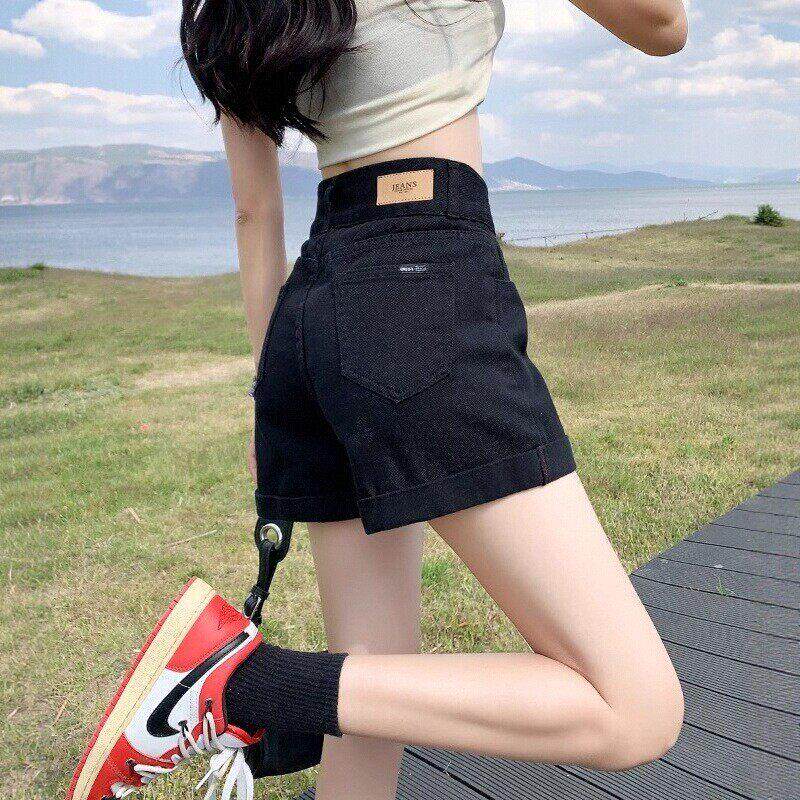 法国Rouje Dsyle黑色牛仔短裤女大尺码胖mm高腰显瘦弹力a字阔腿热