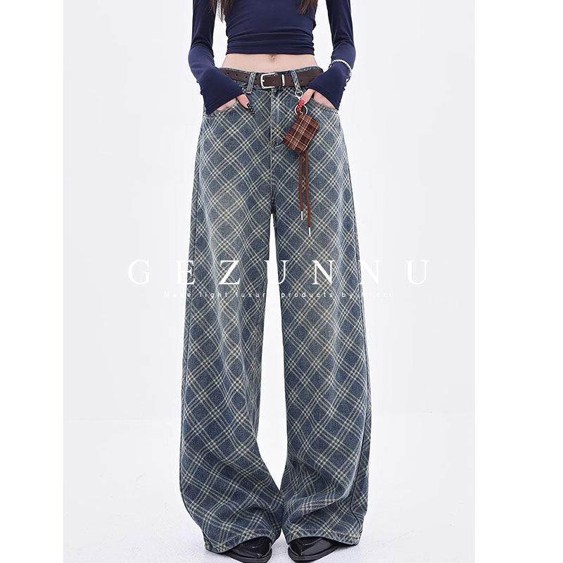 GEZUNNU蓝色菱形格纹水洗阔腿牛仔裤女高级感直筒垂感拖地裤长裤