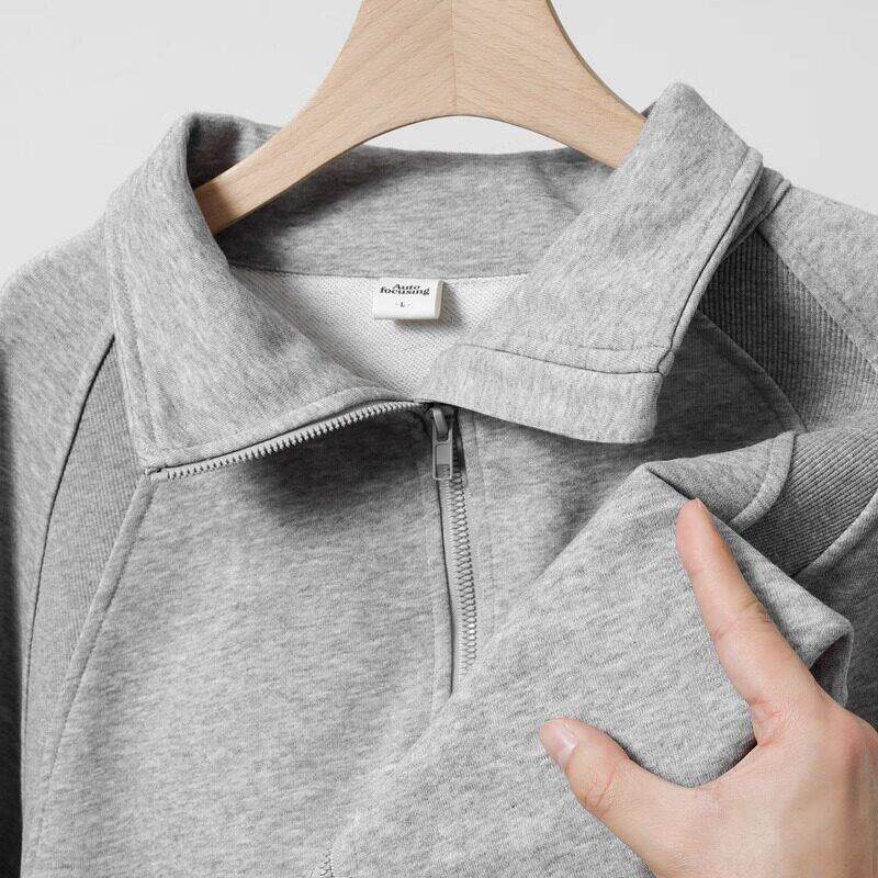 VSEAZMA 重磅休闲半拉链卫衣男320g花灰色宽松百搭毛圈翻领外套女