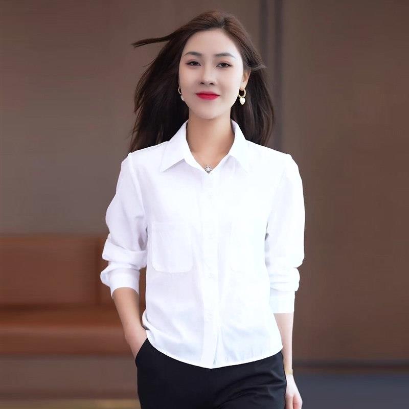 高档白色长袖衬衫女新款女装红色短款上衣春秋季时尚宽松休闲衬衣
