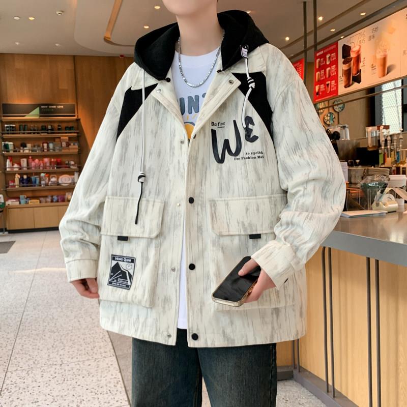 可脱卸帽夹克外套男春秋新款美式拼接工装褂子青少年休闲痞帅男装