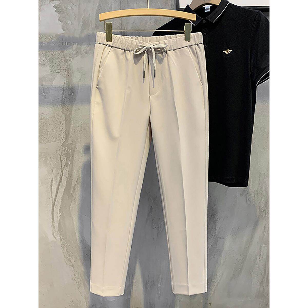 MUSONMU夏季垂感直筒休闲裤男简约9九分纯色裤子免烫潮流系带西裤