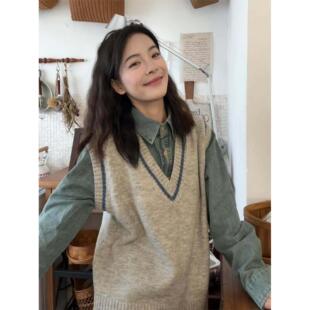 羊毛针织背心羊绒毛衣马甲秋冬款大码胖mm叠穿牛仔衬衣衬衫两件套