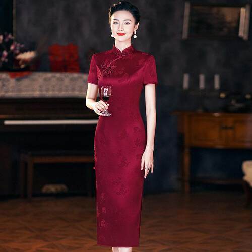 喜婆婆婚宴醋酸旗袍2026新款夏款高端气质年轻丈母娘妈妈结婚礼服