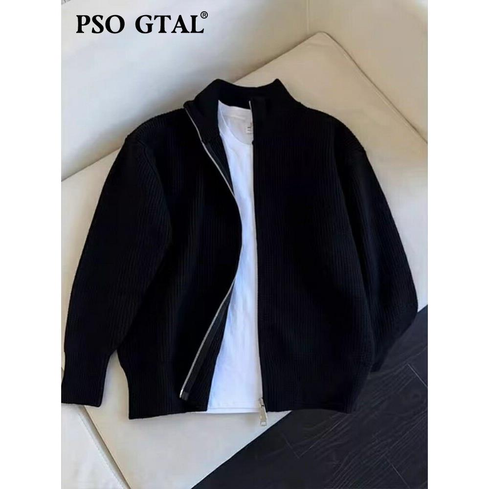 PSO GTAL纯黑色双拉链立领毛衣男款春季高级感开衫针织衫cleanfit