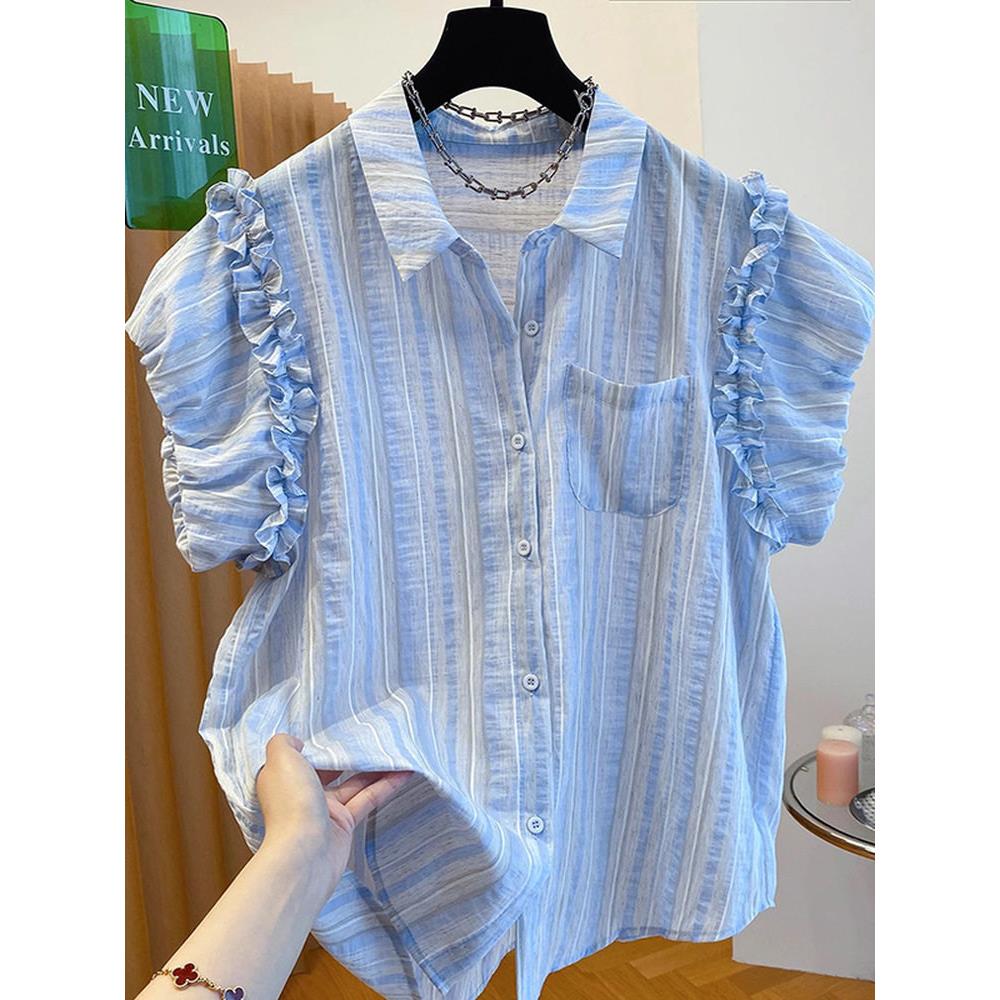休闲短袖女式夏季新时尚真菌泡芙袖衬衫翻领条纹衬衫上衣薄
