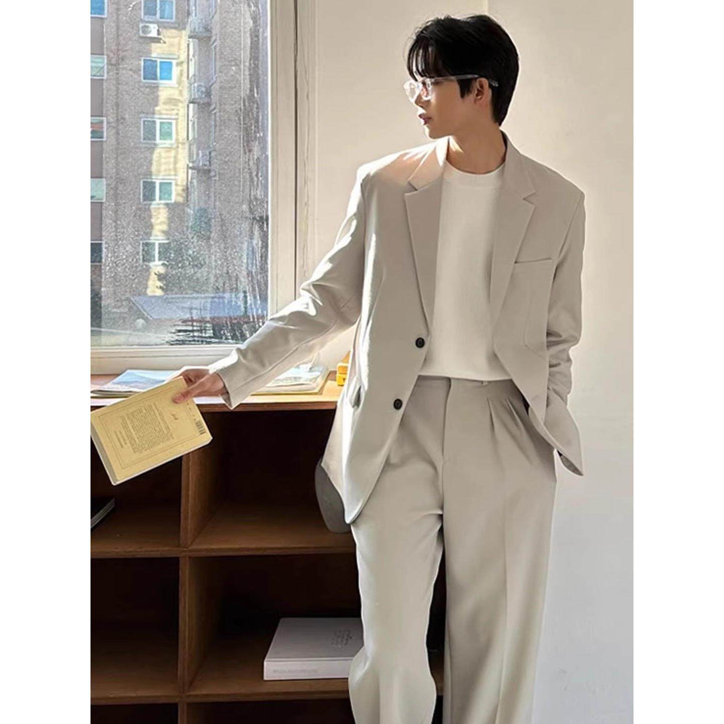 韩国CHIPOTLE休闲宽松痞帅米色西装套装男2025秋季西服阔腿裤一套