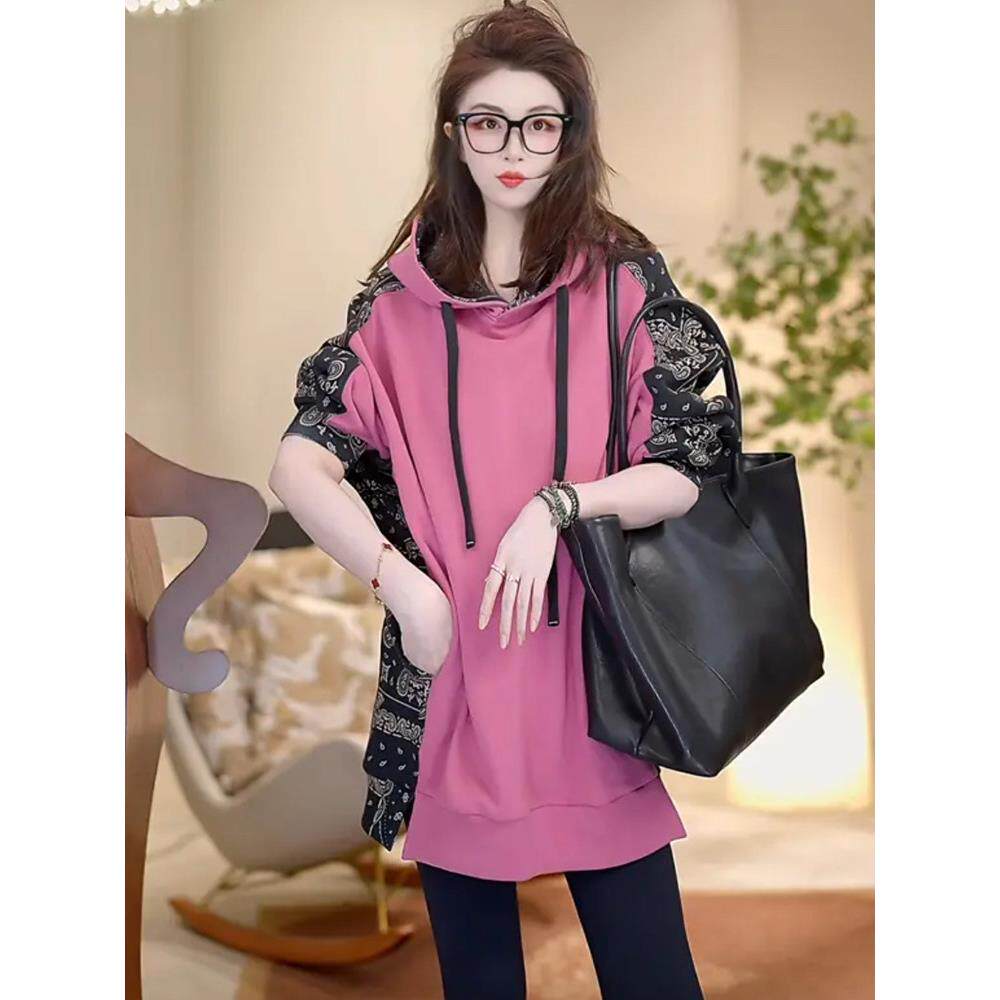 欧洲站覆古加绒拼色连帽卫衣女2025年秋冬宽松中长款粉色上衣外套