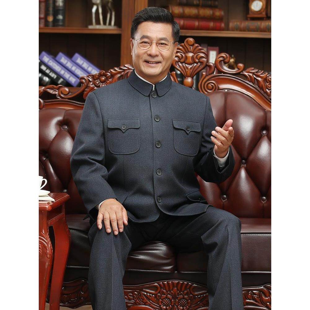 高端唐装男春秋新款加绒加厚中老年爸爸中山服爷爷中式中山装套装