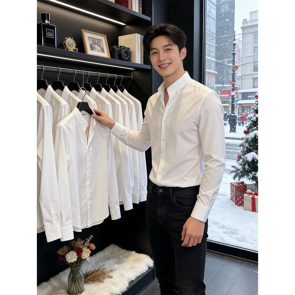 高端轻熟风男士2026春季立领长袖衬衫气质修身上衣新中式男装衬衣