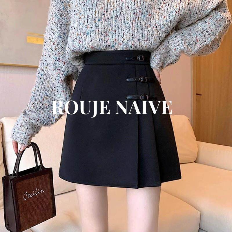 ROUJE NAIVE毛呢半身裙女春秋季新款百褶裙小个子高腰a字包臀短裙