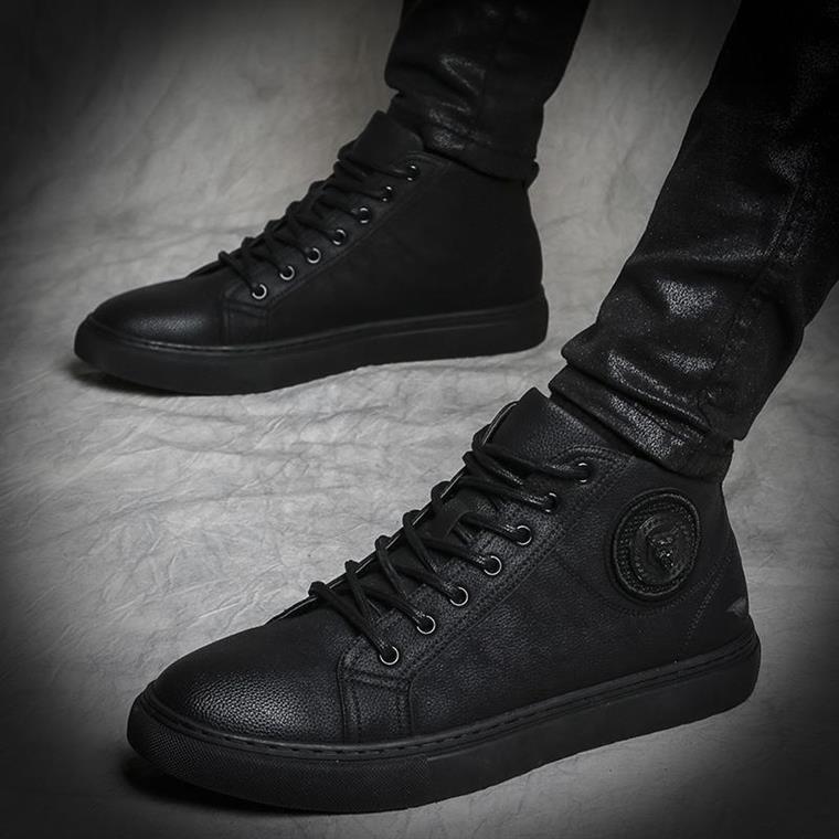 香港潮牌2024冬季新款加绒黑色高帮鞋英伦百搭运动休闲鞋增高男鞋