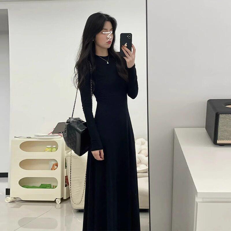 日系黑色针织洋装女2024春秋季新款高级感小众法式气质修身长裙