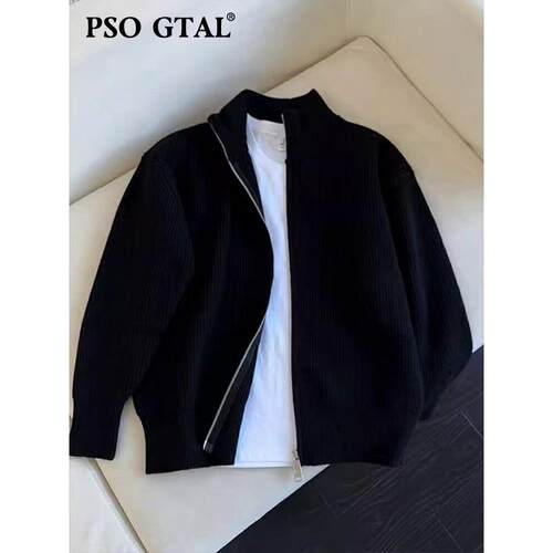 PSO GTAL纯黑色双拉链立领毛衣男款春季高级感开衫针织衫cleanfit