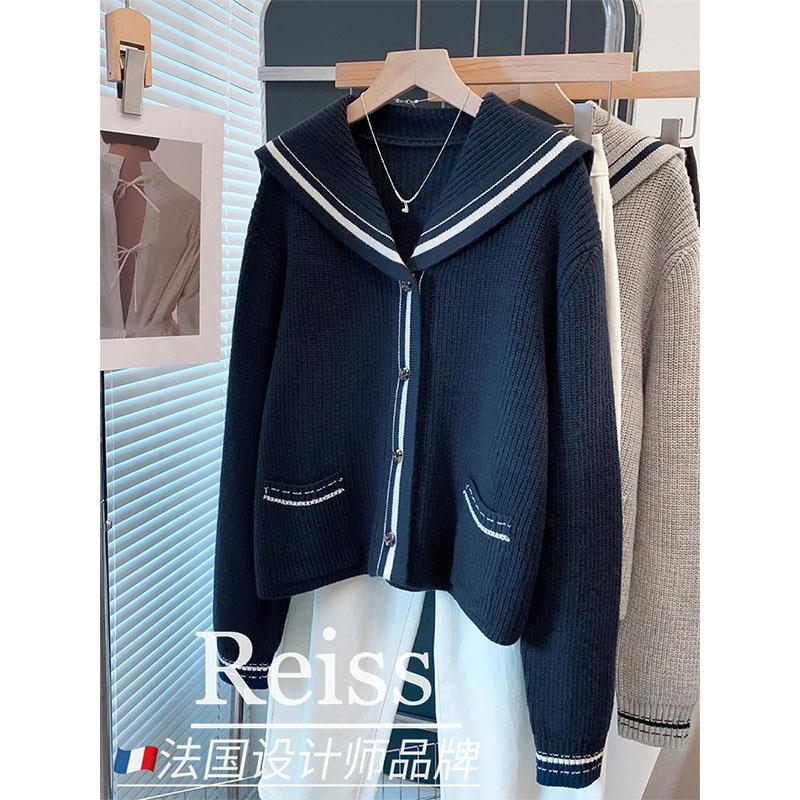 法国ReissShop法式条纹海军领毛衣宽松慵懒风外穿上衣针织开衫女