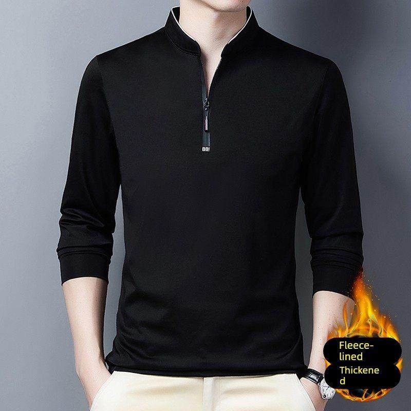 高档长袖T恤男秋冬季2025新款纯色体恤立领卫衣加绒加厚打底衫男
